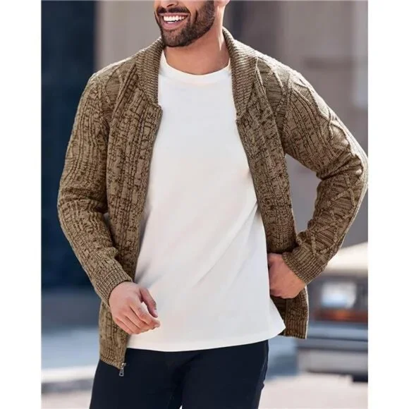 Men's Shawl Neck Cardigan Sweater Cable Knit Zip Up Closure with Pockets Jacket